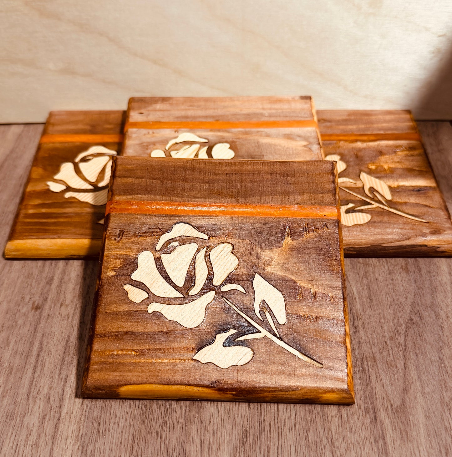 Handmade Veneer Rose Inlay Coasters with Orange Accent Strip