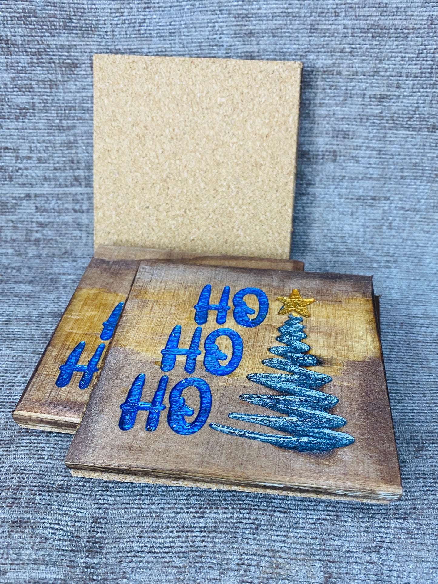 Ho Ho Ho Christmas tree coasters.