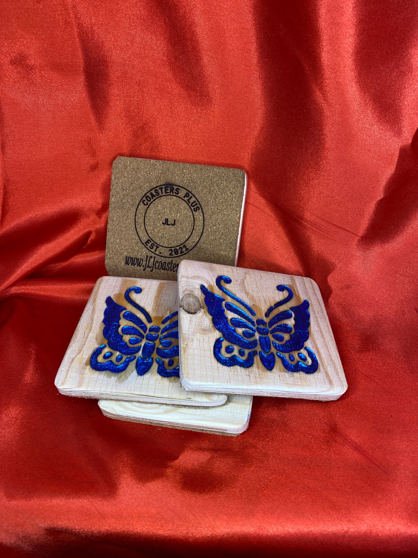 Butterfly Blue wood coasters x 4