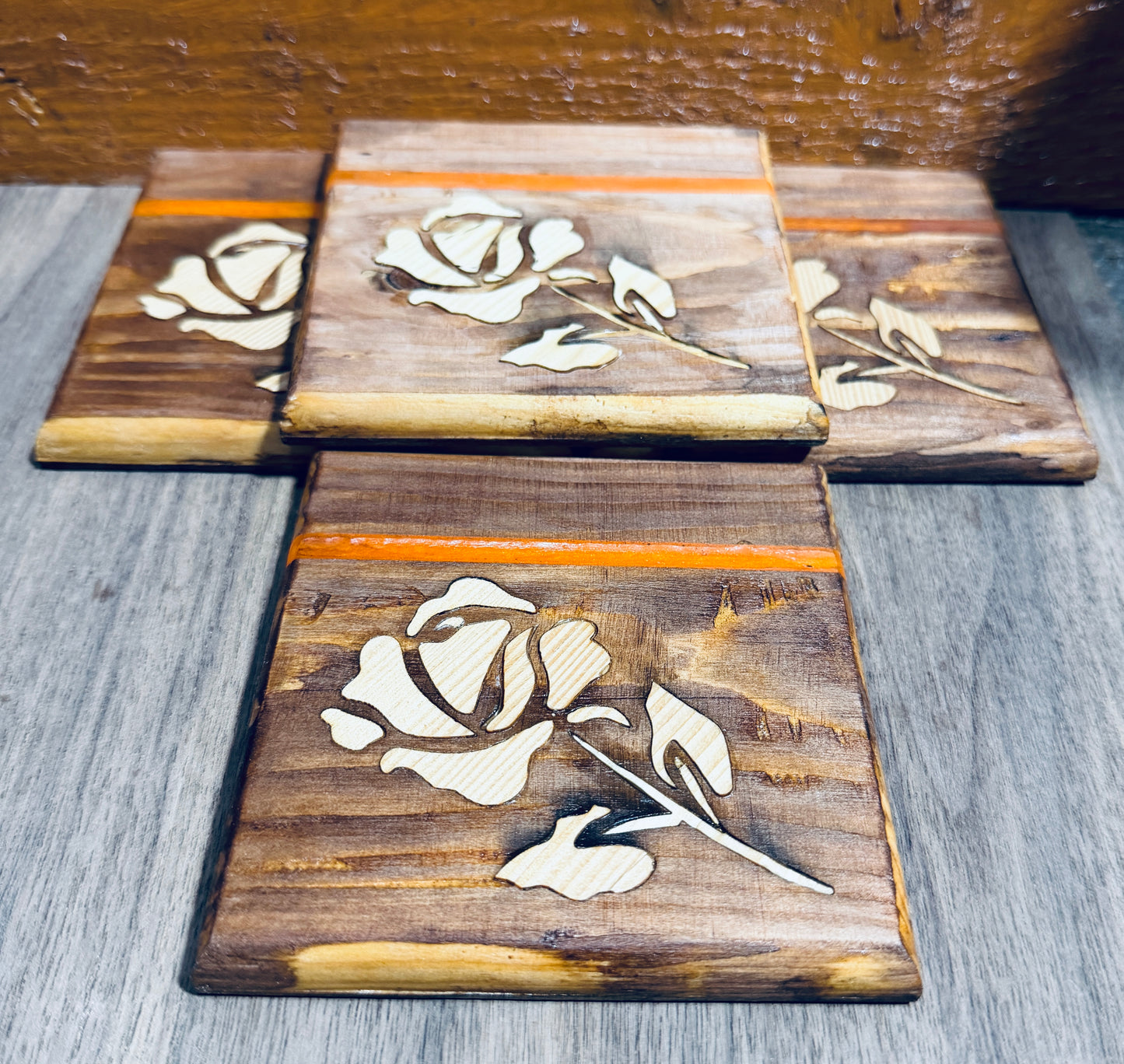 Handmade Veneer Rose Inlay Coasters with Orange Accent Strip