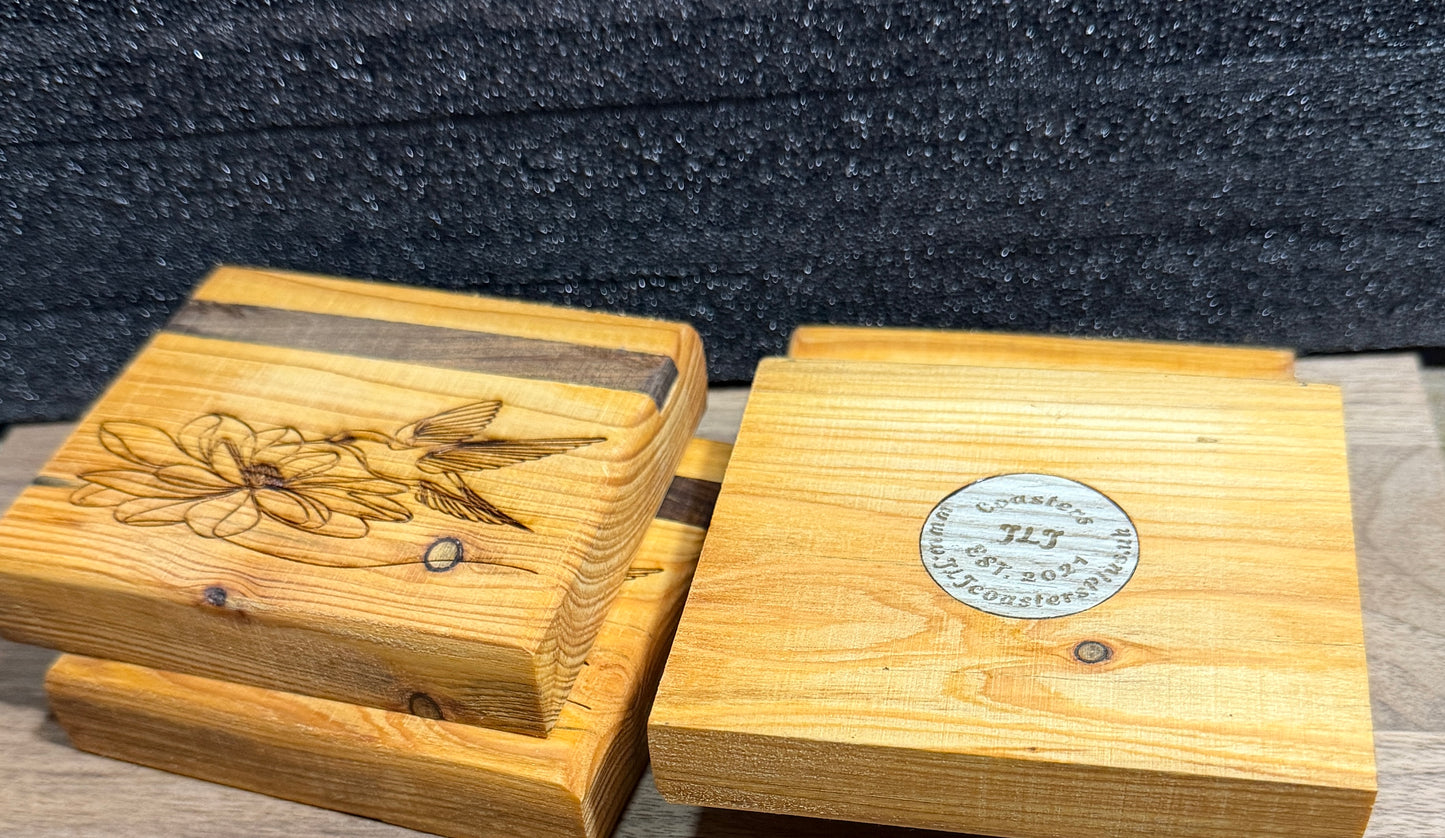🌿 Hummingbird Chunky Wooden Coasters – Handmade &amp; Laser Engraved