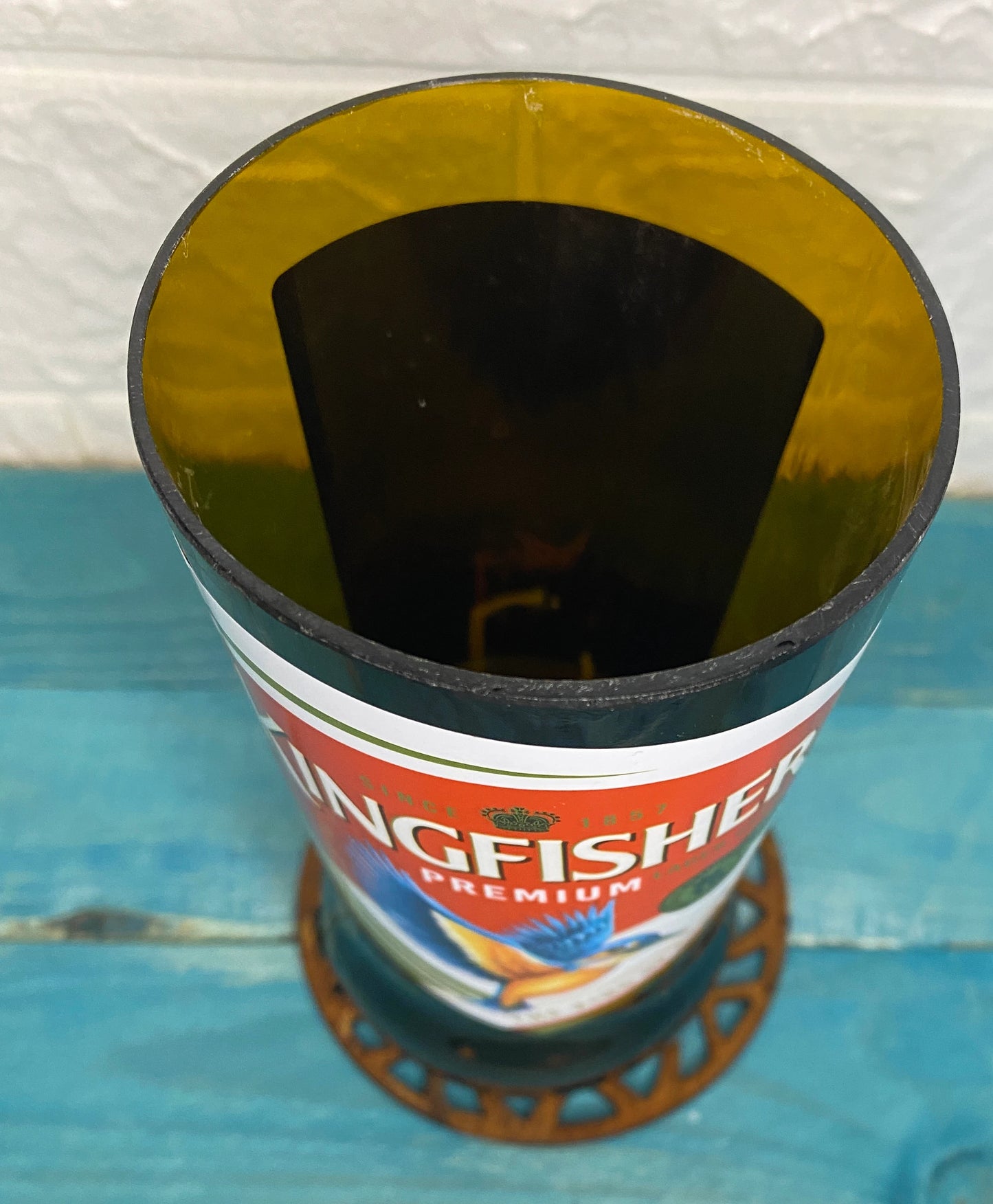 Kingfisher Beer Glass handmade from beer bottle.