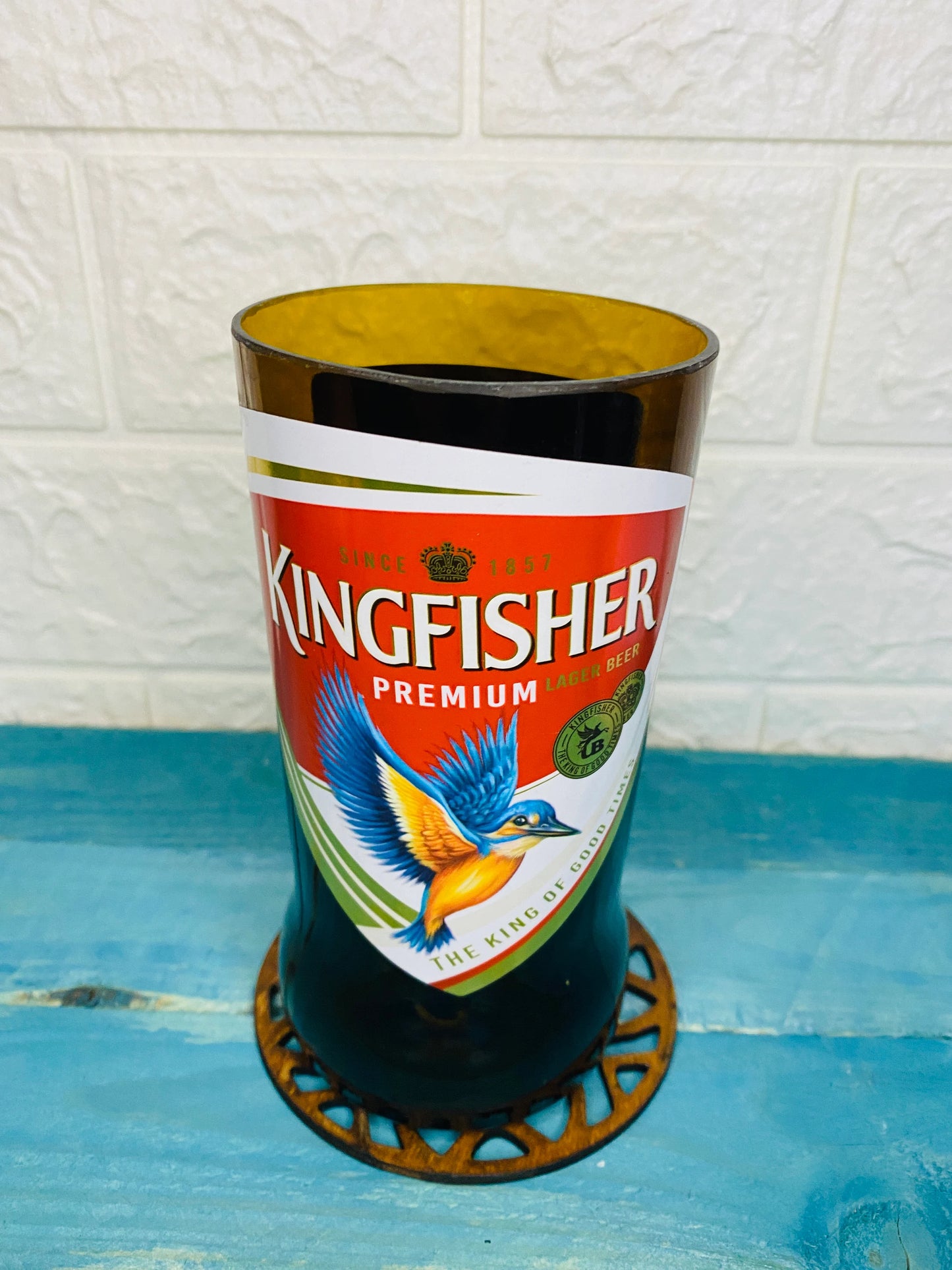 Kingfisher Beer Glass handmade from beer bottle.